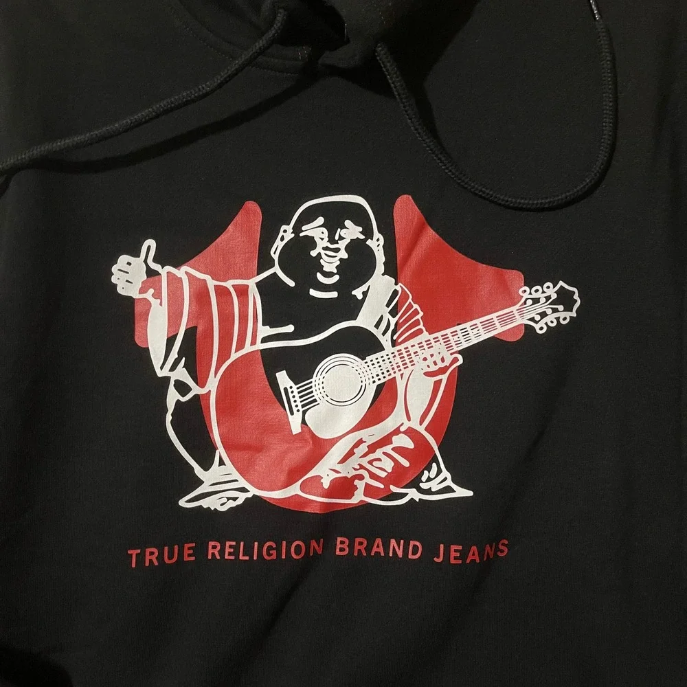 True Religion Mens Buddha Logo Hoodie Jet Black Red Contrast Stitch Medium $119‎